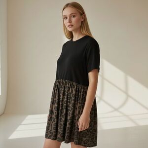 Crazy Train Davis Dress Black Bodice Leopard Skirt New Size L Casual Work Date